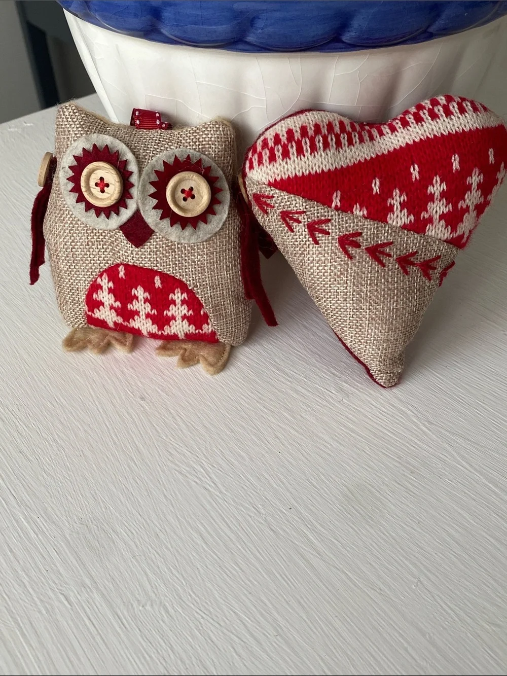Set of 2 Rustic Burlap & Red Festive Owl and Heart Ornaments, Christmas Holiday